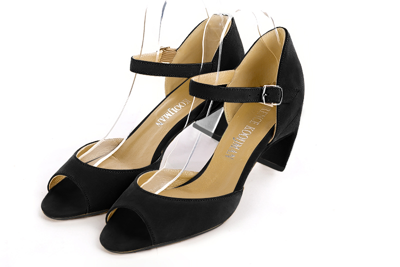 Matt black women's closed back sandals, with an instep strap. Square toe. Medium comma heels - Florence KOOIJMAN